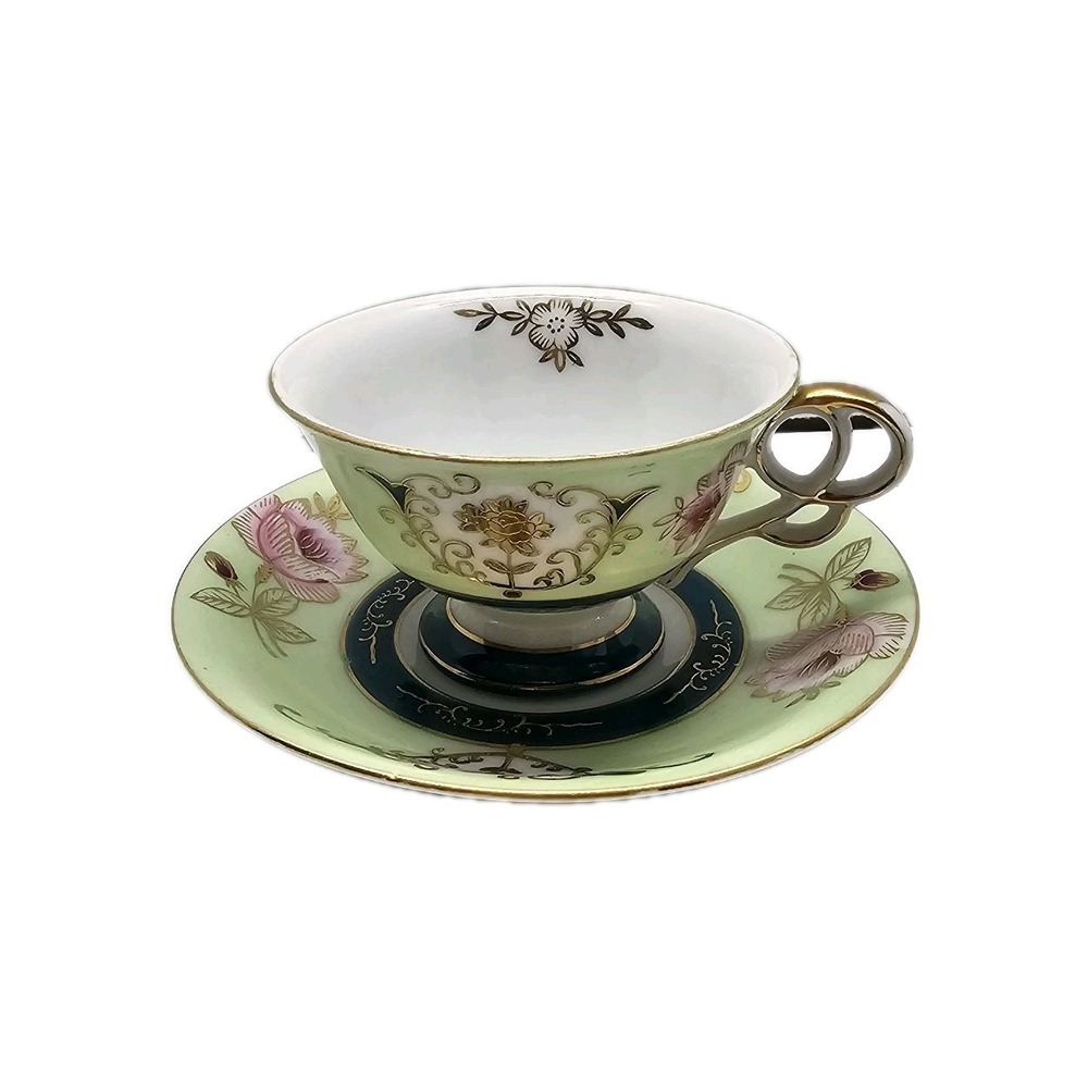 Lefton China Footed Mint Green and Gold Hand Painted Tea Cup & Saucer Lusterware